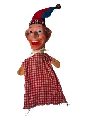 Vintage Hand Puppet With Red Checkered Outfit & Jester Hat With Bell